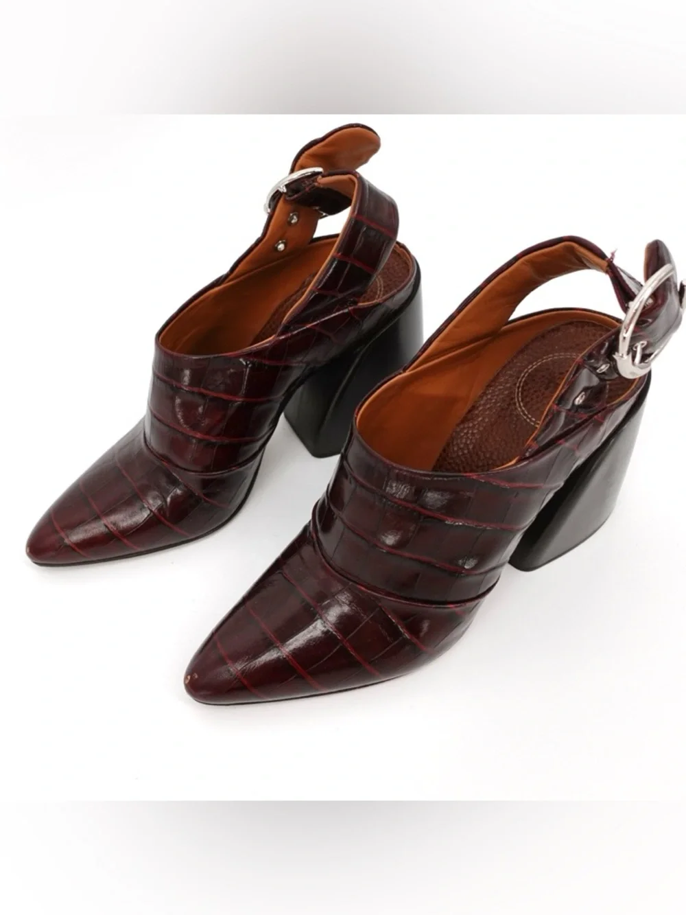 Chloé Croc Embossed Slingback Mule Block Heel Burgundy EU 38 - Picture 2 of 9